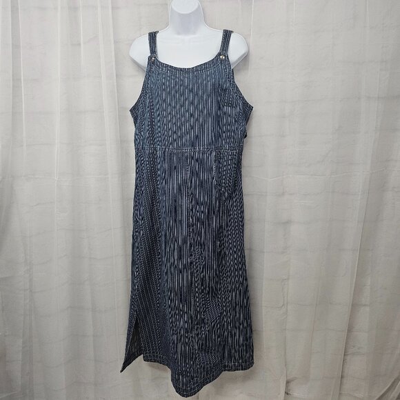 Unbranded Blue Overall Railroad Stripe Midi Dress Chambray Denim Boho M/L - Picture 1 of 11
